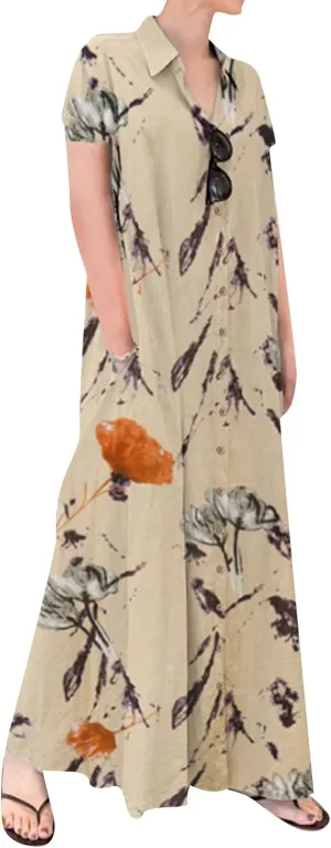 FLITAY Women Casual Short Sleeve Dresses Button Down Maxi Dress with Pockets Lightweight Lapel Dress