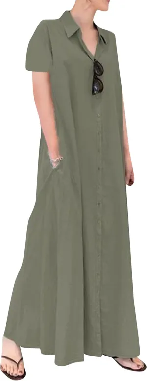 FLITAY Women Casual Short Sleeve Dresses Button Down Maxi Dress with Pockets Lightweight Lapel Dress