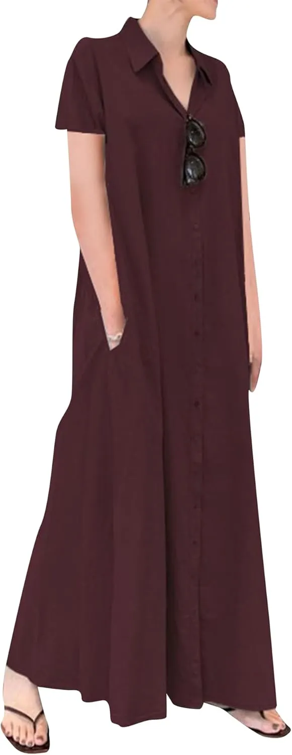 FLITAY Women Casual Short Sleeve Dresses Button Down Maxi Dress with Pockets Lightweight Lapel Dress