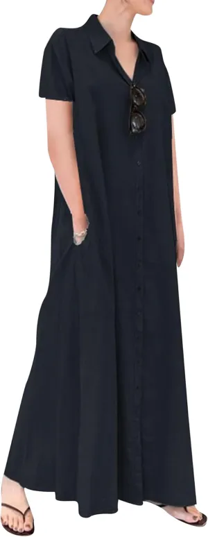 FLITAY Women Casual Short Sleeve Dresses Button Down Maxi Dress with Pockets Lightweight Lapel Dress