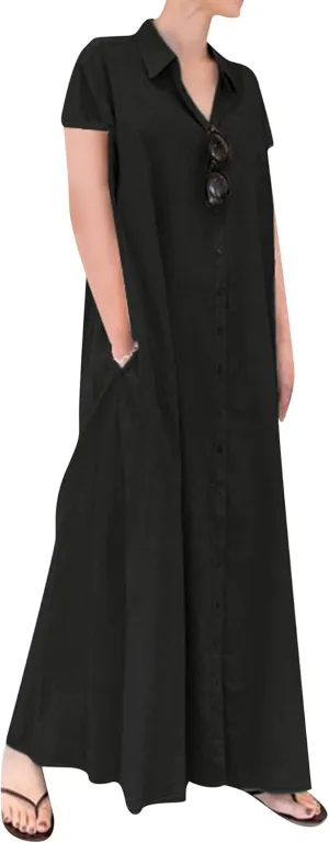 FLITAY Women Casual Short Sleeve Dresses Button Down Maxi Dress with Pockets Lightweight Lapel Dress