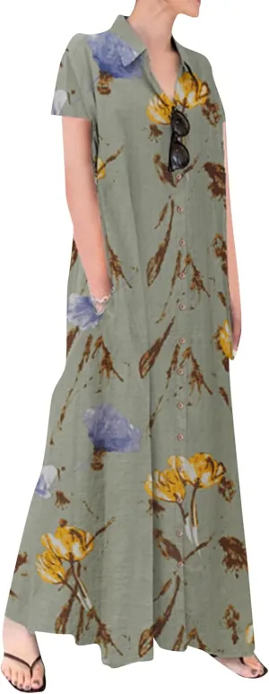 FLITAY Women Casual Short Sleeve Dresses Button Down Maxi Dress with Pockets Lightweight Lapel Dress