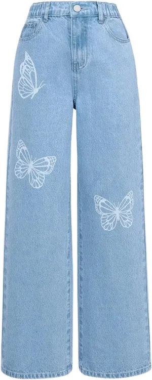 Floerns Girl's Butterfly Print High Waist Wide Leg Jeans Baggy Denim Pants