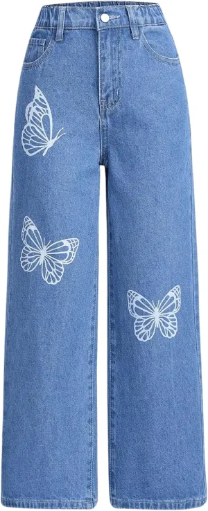 Floerns Girl's Butterfly Print High Waist Wide Leg Jeans Baggy Denim Pants