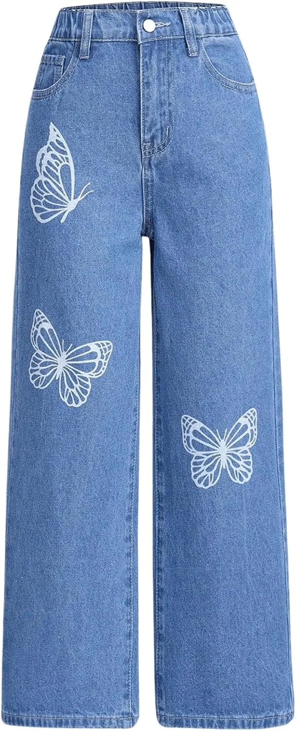 Floerns Girl's Butterfly Print High Waist Wide Leg Jeans Baggy Denim Pants