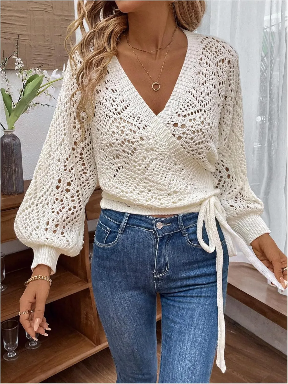 Floerns Women's Hollow Out Lantern Sleeve Cropped Cardigan Wrap V Neck Tie Side Sweater