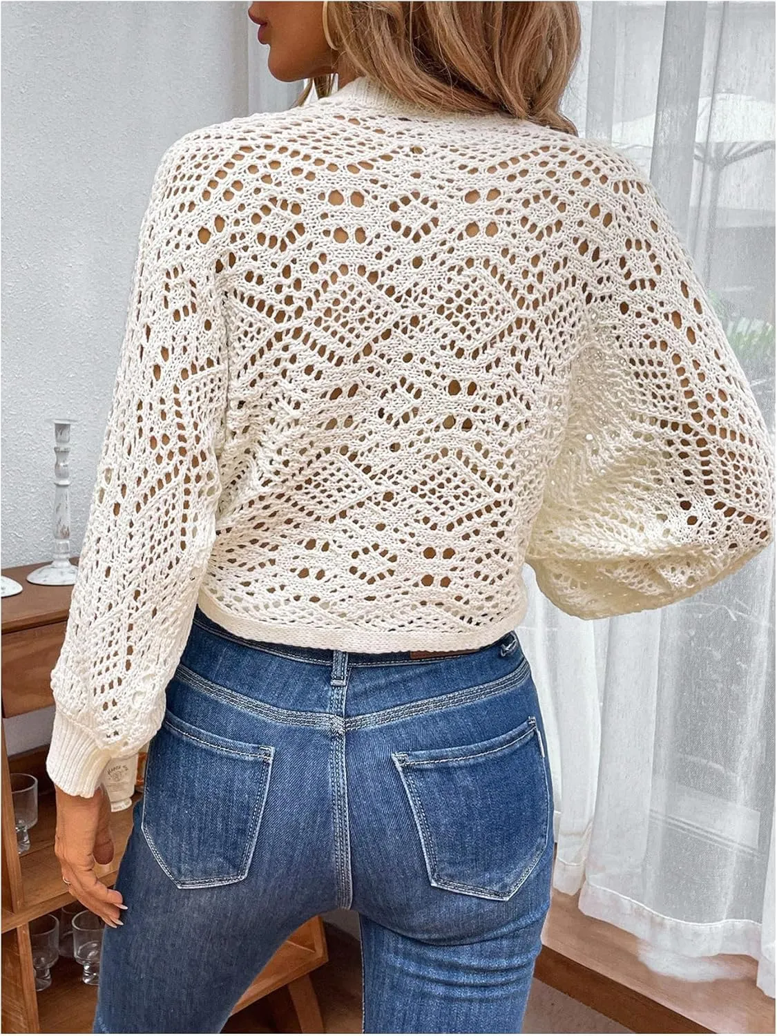 Floerns Women's Hollow Out Lantern Sleeve Cropped Cardigan Wrap V Neck Tie Side Sweater
