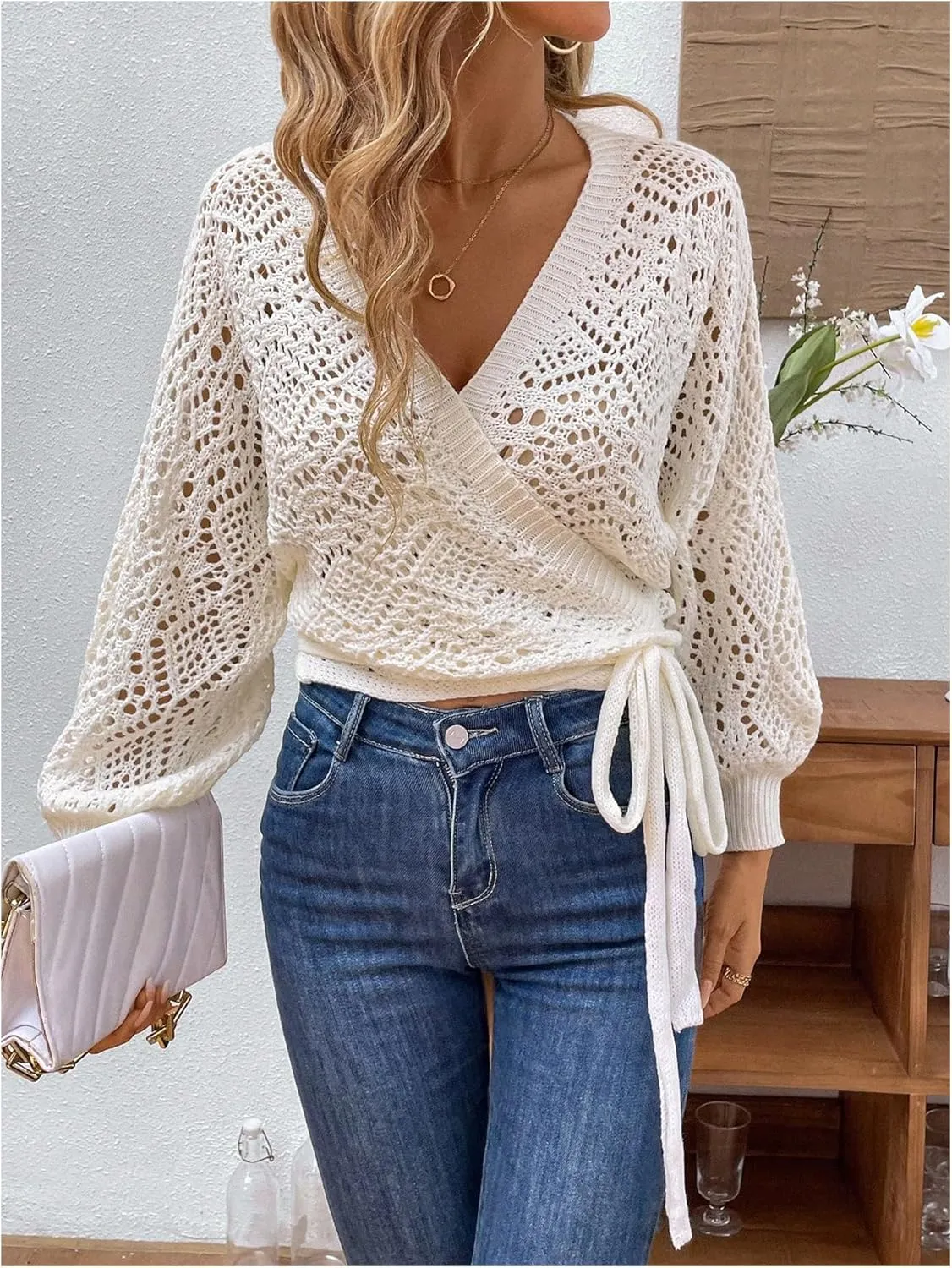 Floerns Women's Hollow Out Lantern Sleeve Cropped Cardigan Wrap V Neck Tie Side Sweater