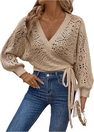 Floerns Women's Hollow Out Lantern Sleeve Cropped Cardigan Wrap V Neck Tie Side Sweater
