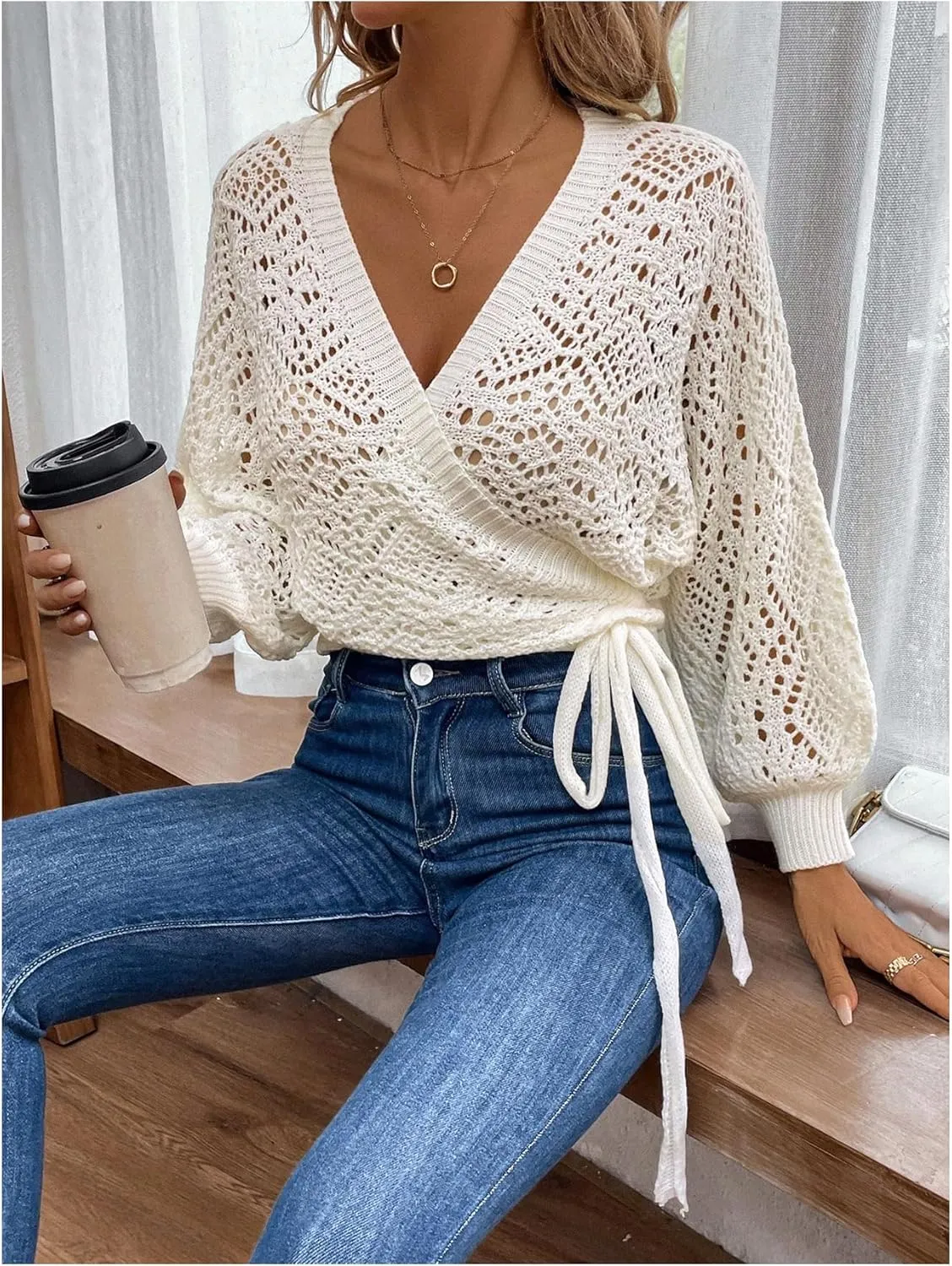 Floerns Women's Hollow Out Lantern Sleeve Cropped Cardigan Wrap V Neck Tie Side Sweater