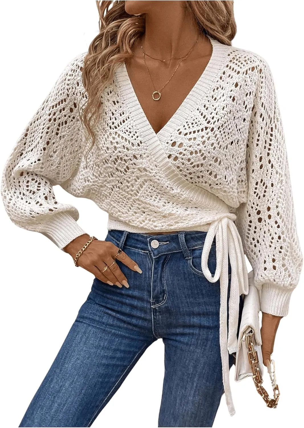Floerns Women's Hollow Out Lantern Sleeve Cropped Cardigan Wrap V Neck Tie Side Sweater
