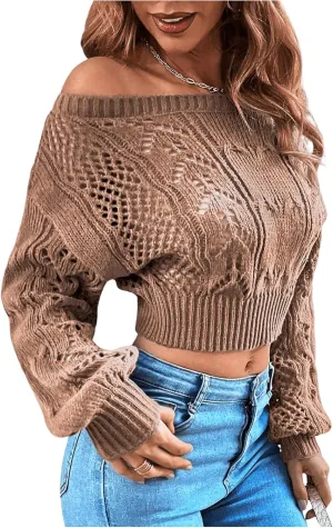 Floerns Women's Off Shoulder Bishop Long Sleeve Pointelle Knit Sweater Crop Top