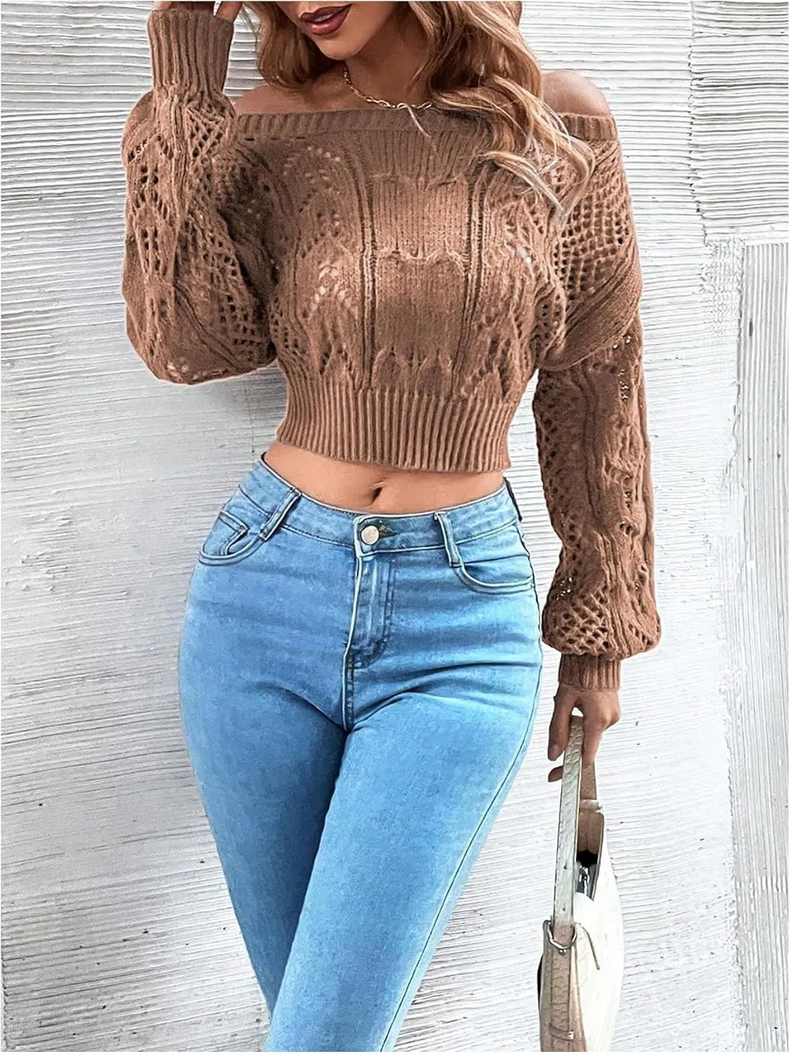 Floerns Women's Off Shoulder Bishop Long Sleeve Pointelle Knit Sweater Crop Top