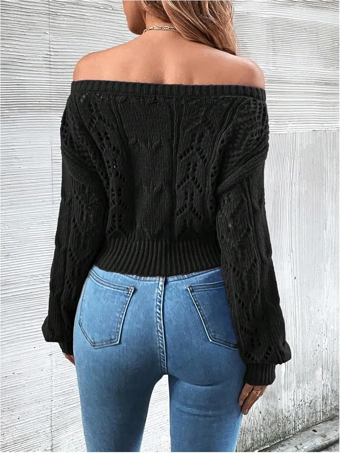 Floerns Women's Off Shoulder Bishop Long Sleeve Pointelle Knit Sweater Crop Top