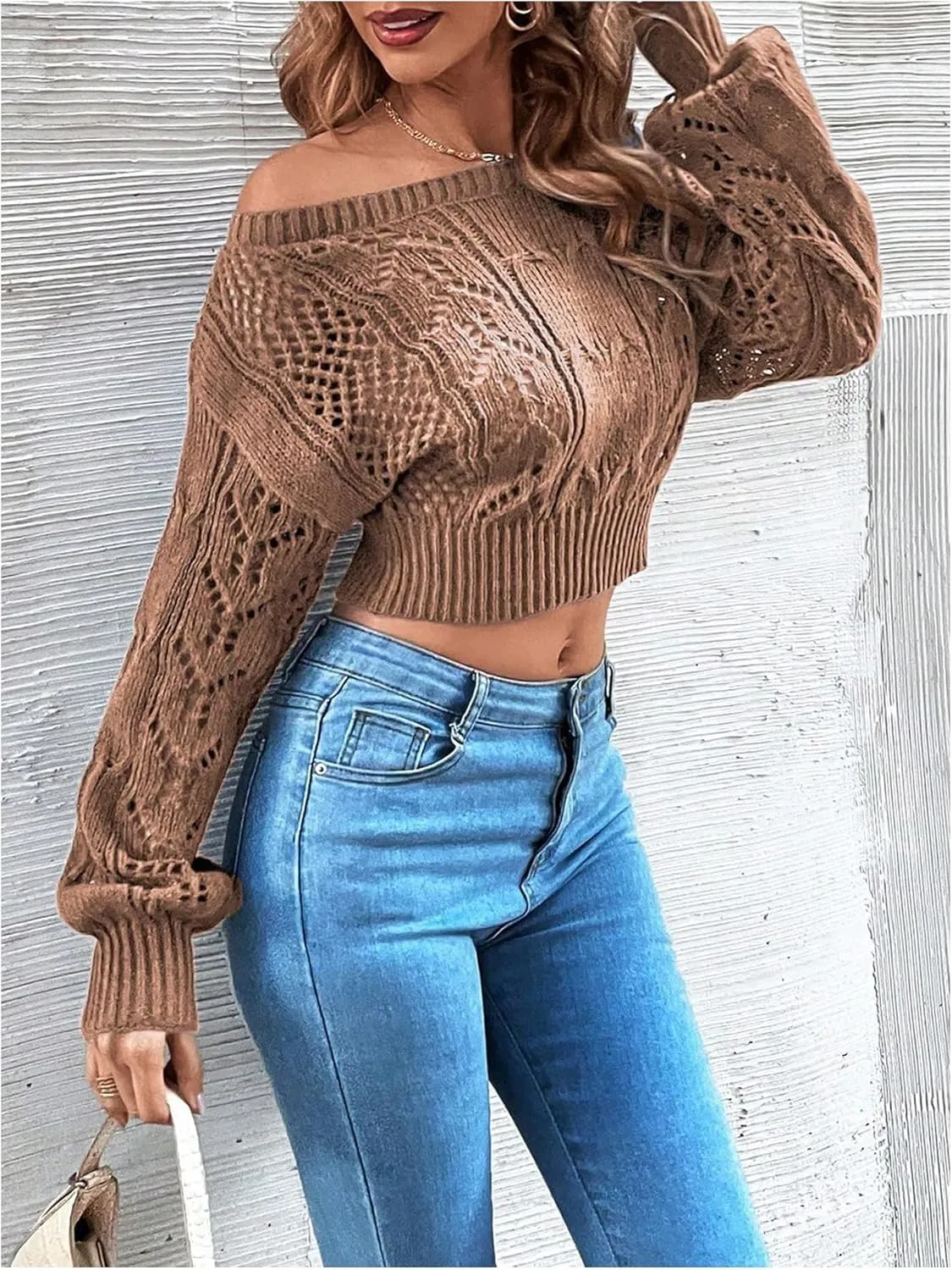 Floerns Women's Off Shoulder Bishop Long Sleeve Pointelle Knit Sweater Crop Top