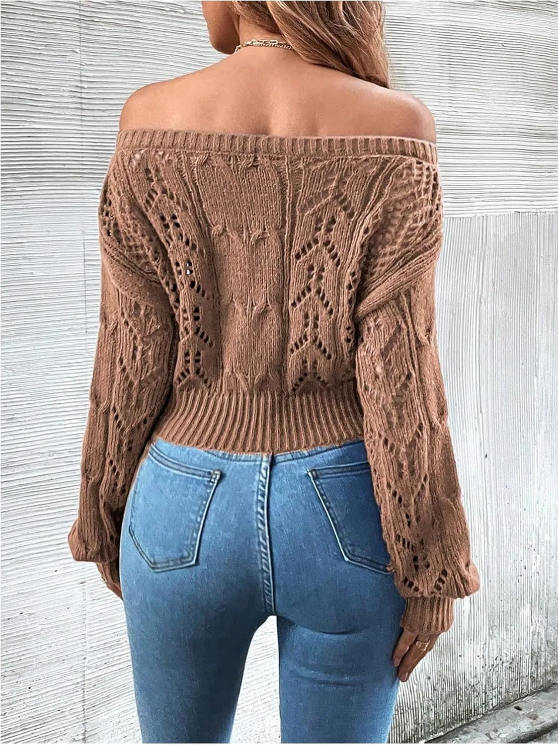 Floerns Women's Off Shoulder Bishop Long Sleeve Pointelle Knit Sweater Crop Top