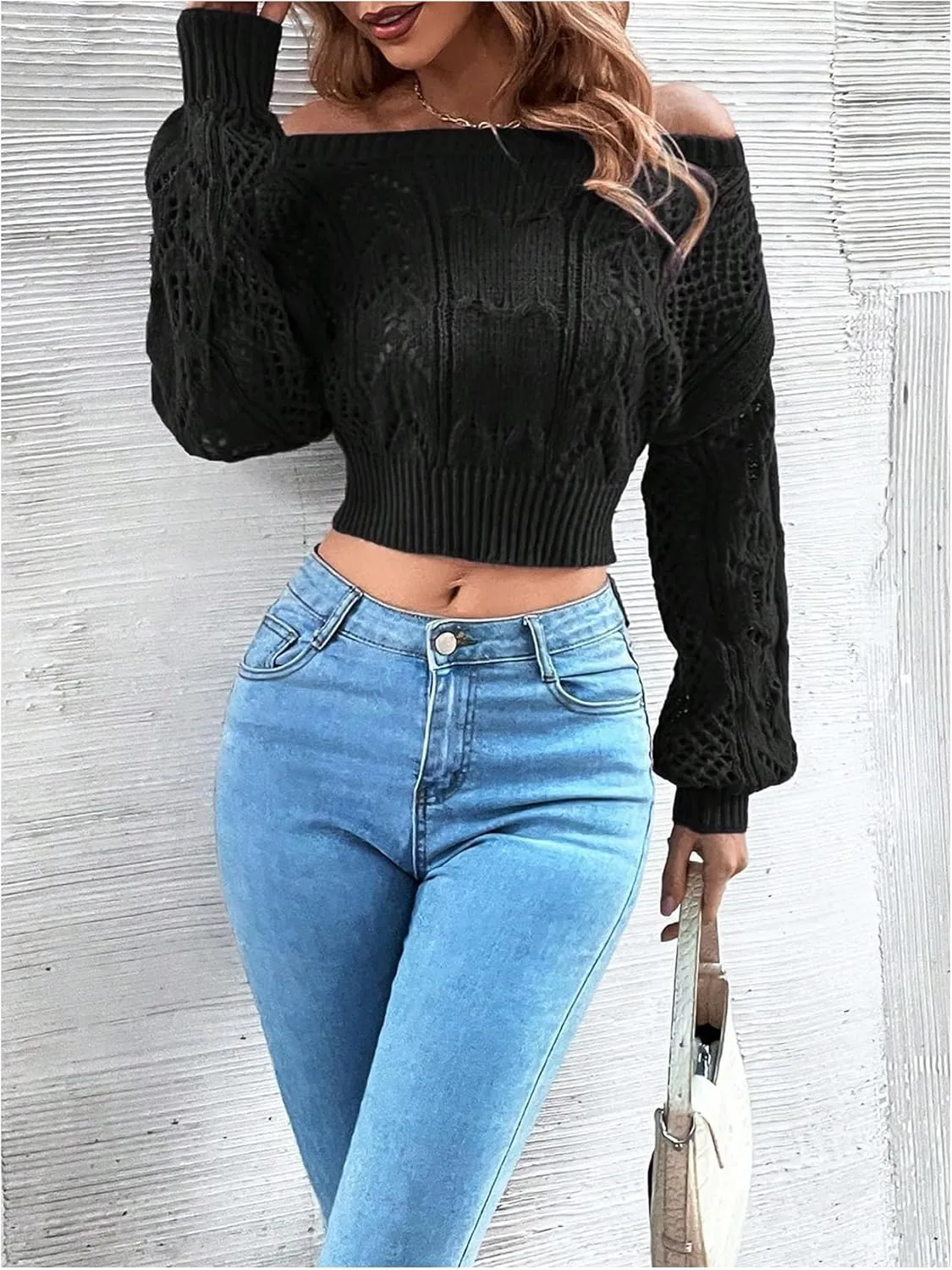 Floerns Women's Off Shoulder Bishop Long Sleeve Pointelle Knit Sweater Crop Top