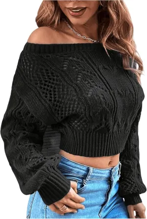 Floerns Women's Off Shoulder Bishop Long Sleeve Pointelle Knit Sweater Crop Top