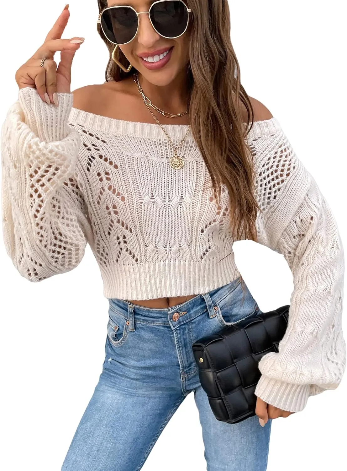 Floerns Women's Off Shoulder Bishop Long Sleeve Pointelle Knit Sweater Crop Top