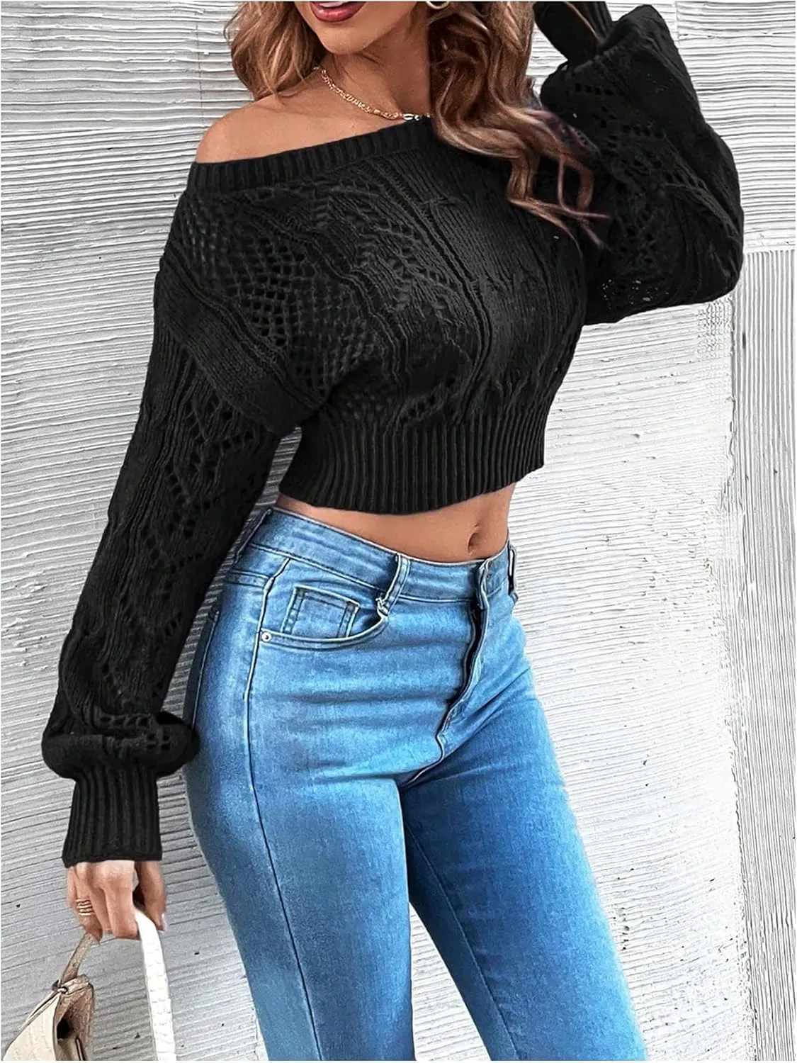 Floerns Women's Off Shoulder Bishop Long Sleeve Pointelle Knit Sweater Crop Top