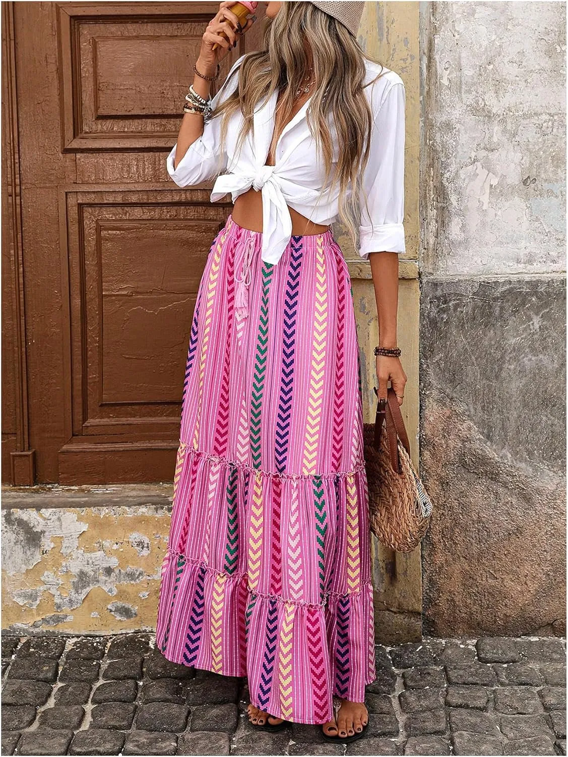 Floerns Women's Summer Maxi Skirt Geo Tiered Ruffle Hem Beach A Line Skirts