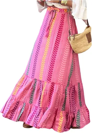 Floerns Women's Summer Maxi Skirt Geo Tiered Ruffle Hem Beach A Line Skirts