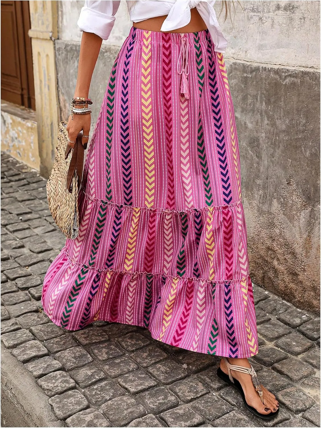 Floerns Women's Summer Maxi Skirt Geo Tiered Ruffle Hem Beach A Line Skirts