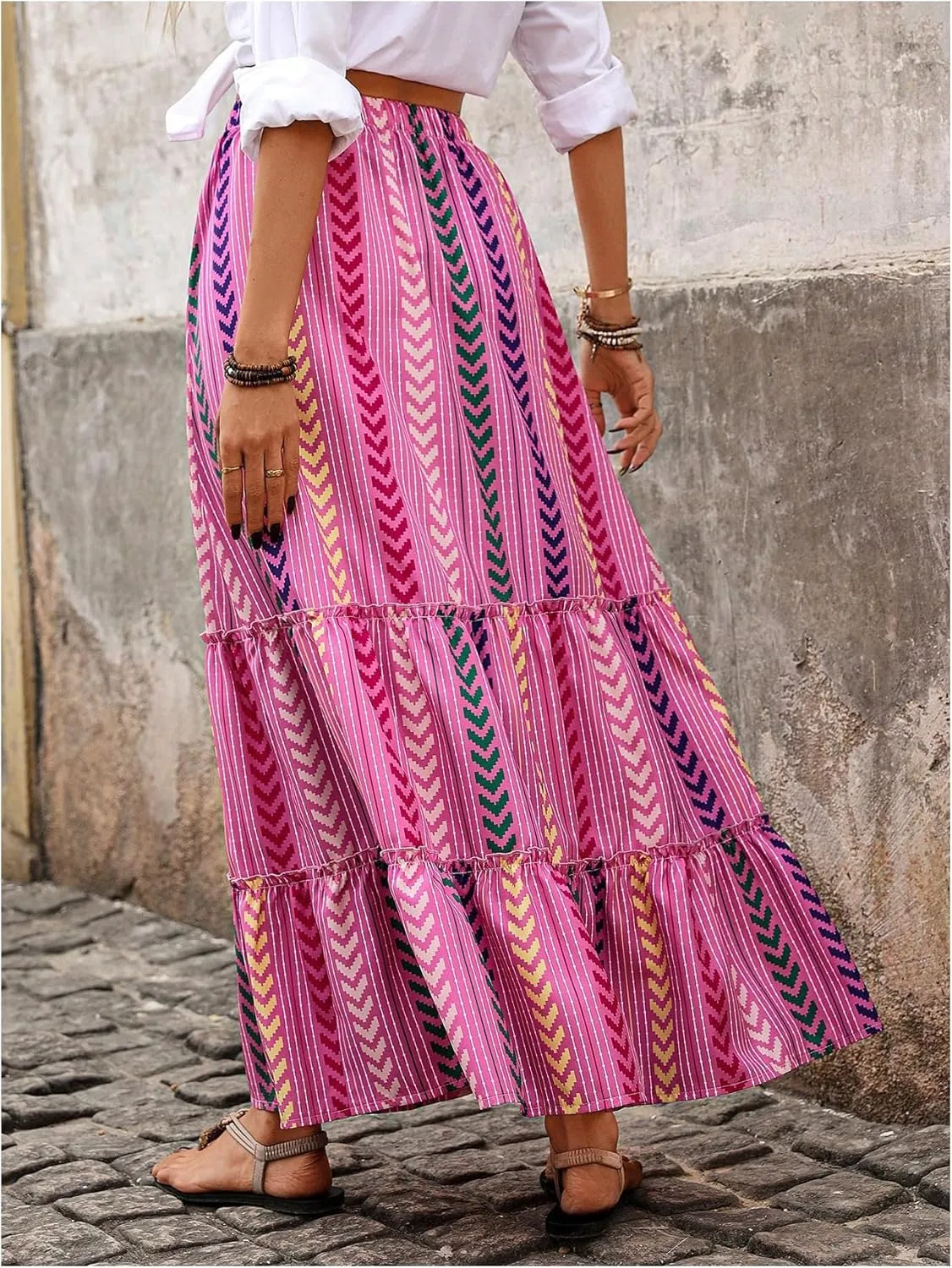 Floerns Women's Summer Maxi Skirt Geo Tiered Ruffle Hem Beach A Line Skirts