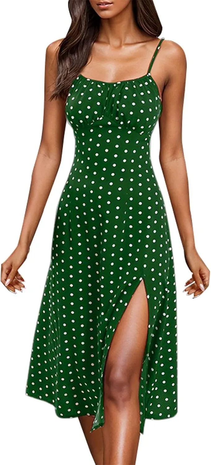 Floral Corset Dress for Women Boho Summer Spaghetti Straps Square Neck Casual Midi Dress Slit Bustier Dresses Milkmaid Dress