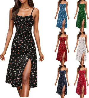 Floral Corset Dress for Women Boho Summer Spaghetti Straps Square Neck Casual Midi Dress Slit Bustier Dresses Milkmaid Dress