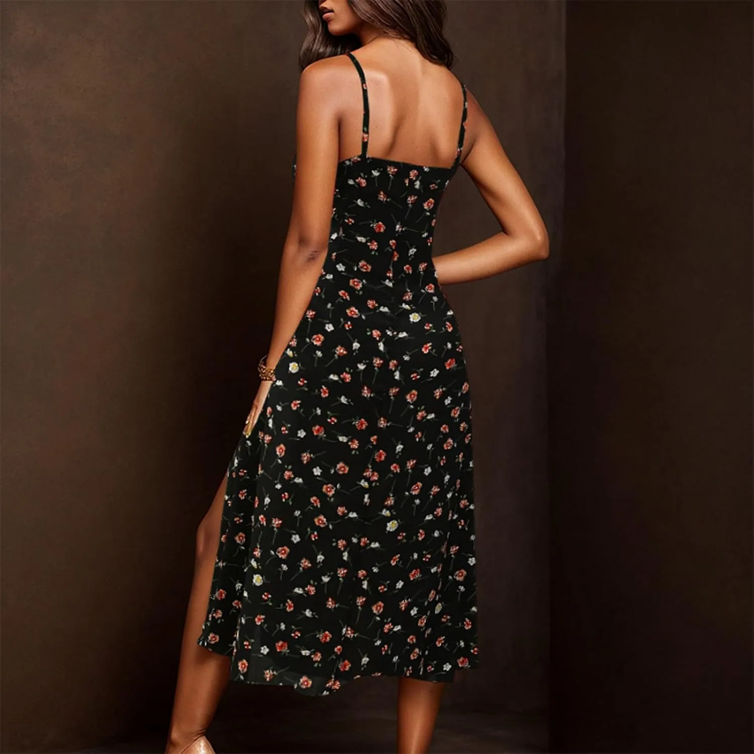Floral Corset Dress for Women Boho Summer Spaghetti Straps Square Neck Casual Midi Dress Slit Bustier Dresses Milkmaid Dress