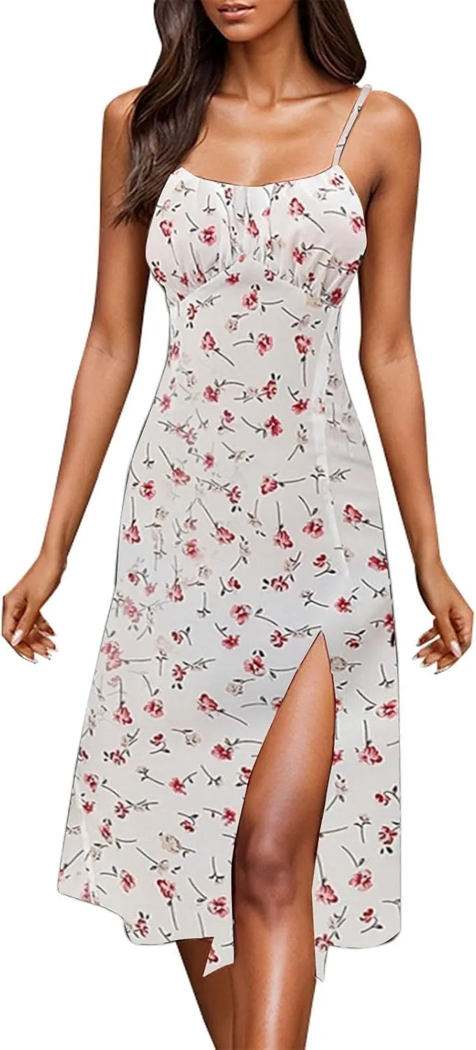 Floral Corset Dress for Women Boho Summer Spaghetti Straps Square Neck Casual Midi Dress Slit Bustier Dresses Milkmaid Dress