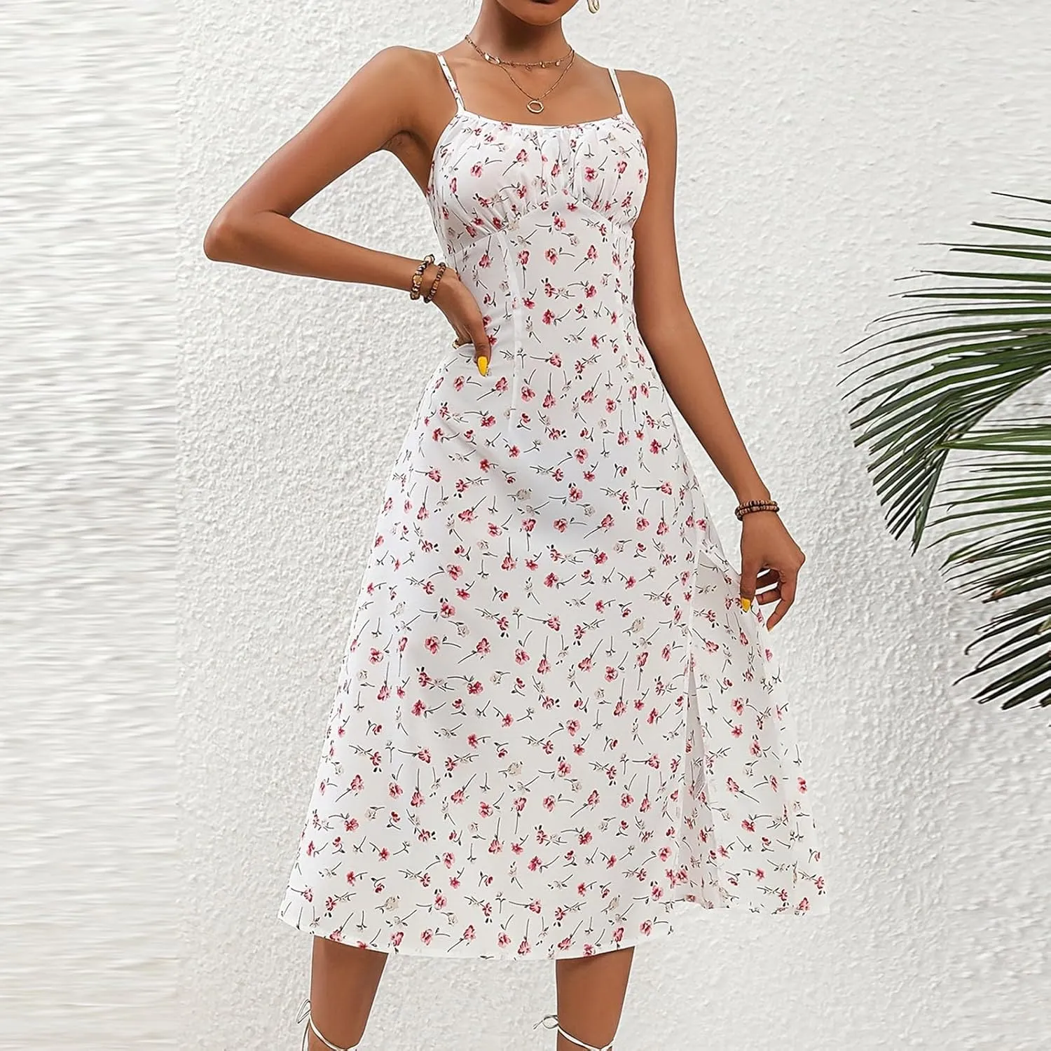 Floral Corset Dress for Women Boho Summer Spaghetti Straps Square Neck Casual Midi Dress Slit Bustier Dresses Milkmaid Dress