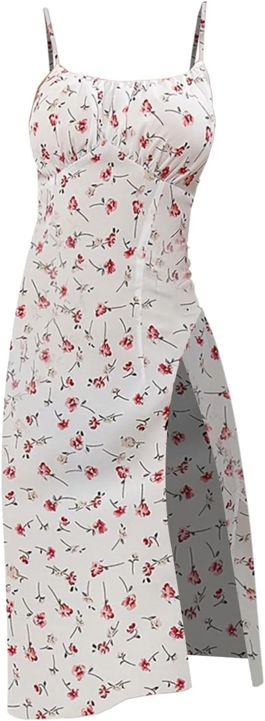 Floral Corset Dress for Women Boho Summer Spaghetti Straps Square Neck Casual Midi Dress Slit Bustier Dresses Milkmaid Dress