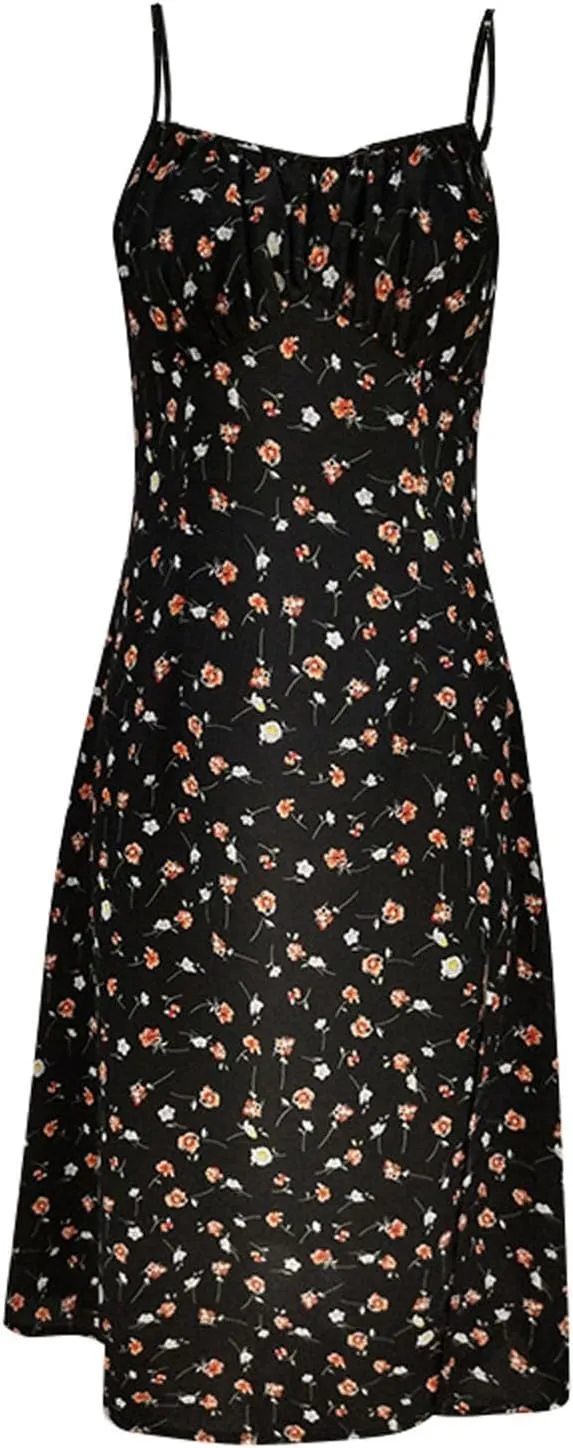 Floral Corset Dress for Women Boho Summer Spaghetti Straps Square Neck Casual Midi Dress Slit Bustier Dresses Milkmaid Dress