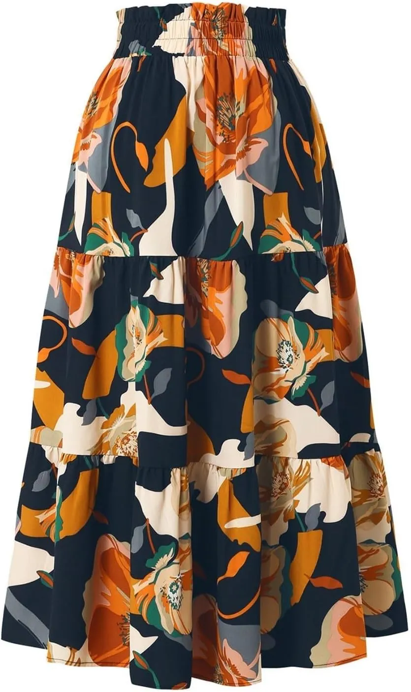 Floral Maxi Skirt for Women Summer Vacation A Line Flowy Swing Comfy Tiered Elastic High Waisted Long Skirts