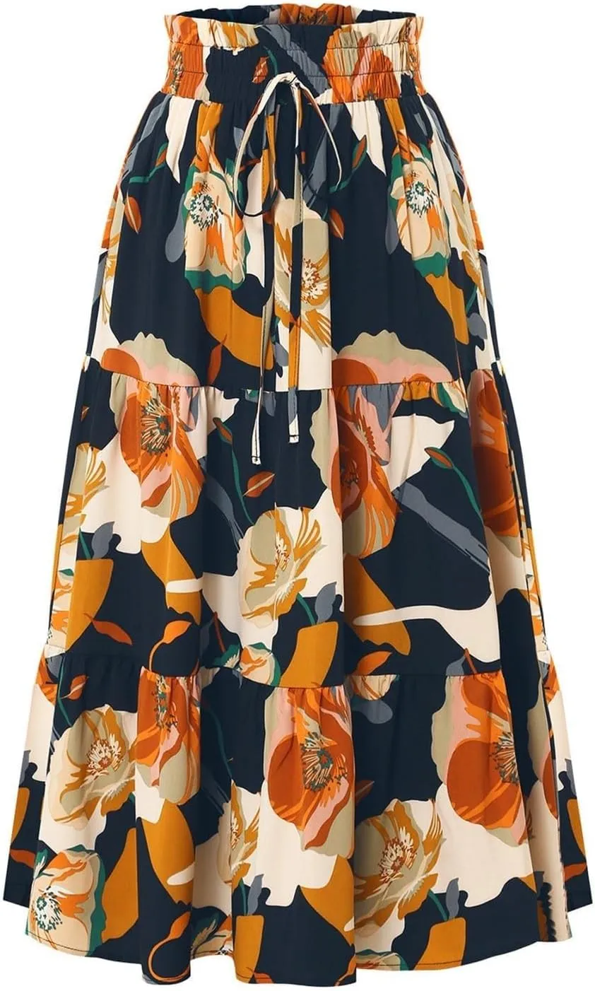Floral Maxi Skirt for Women Summer Vacation A Line Flowy Swing Comfy Tiered Elastic High Waisted Long Skirts
