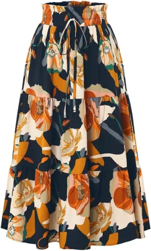 Floral Maxi Skirt for Women Summer Vacation A Line Flowy Swing Comfy Tiered Elastic High Waisted Long Skirts