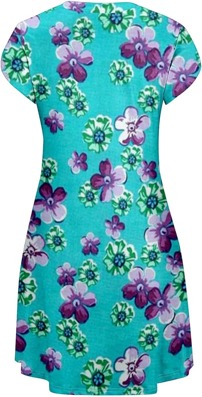 Flowery Dress for Women with Pockets Short Sleeve Dresses Flowy Beach Swing Dress 2025 Empire Waist with