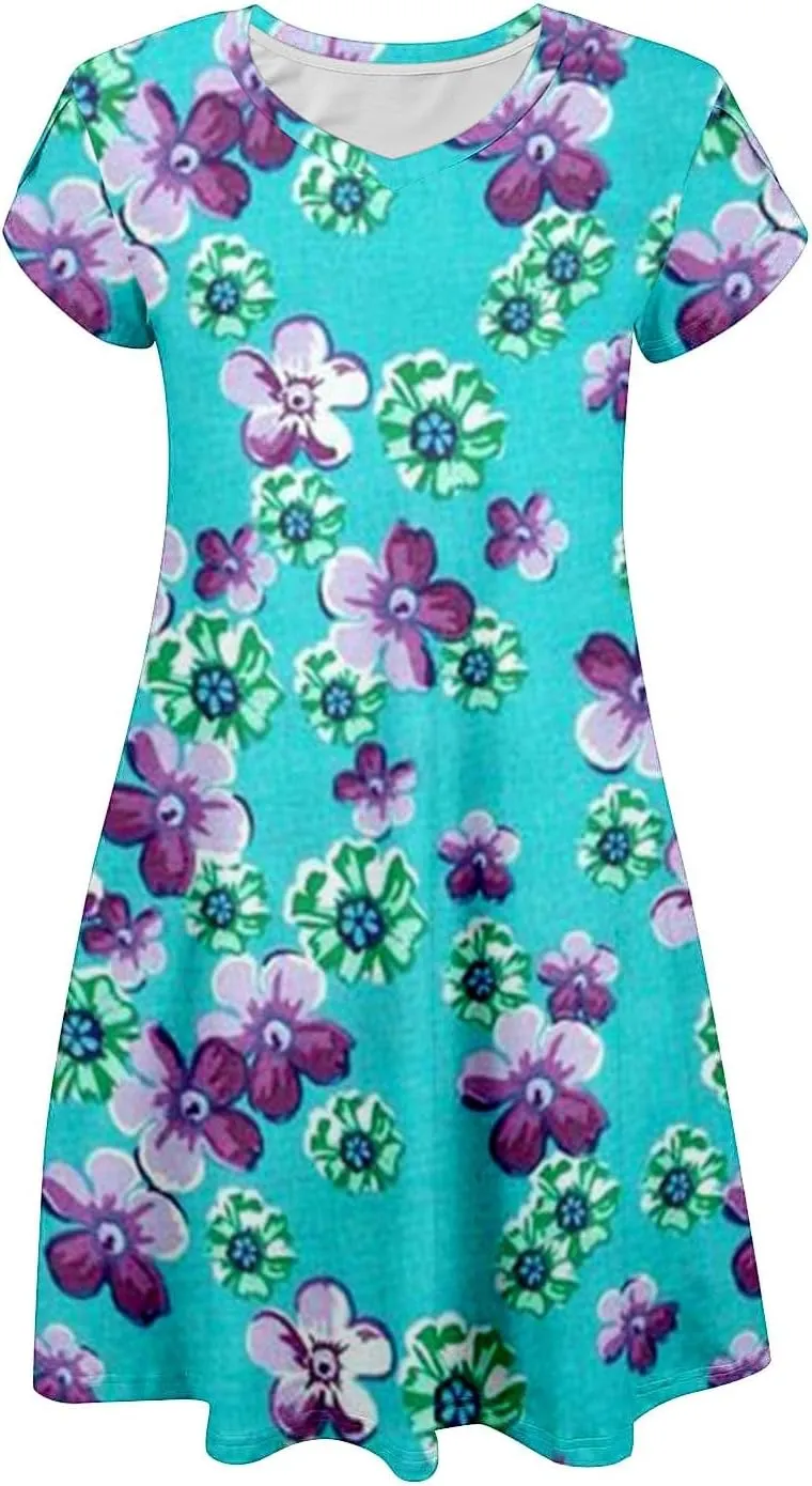 Flowery Dress for Women with Pockets Short Sleeve Dresses Flowy Beach Swing Dress 2025 Empire Waist with