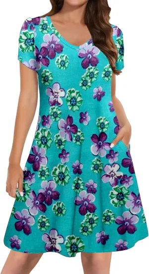 Flowery Dress for Women with Pockets Short Sleeve Dresses Flowy Beach Swing Dress 2025 Empire Waist with