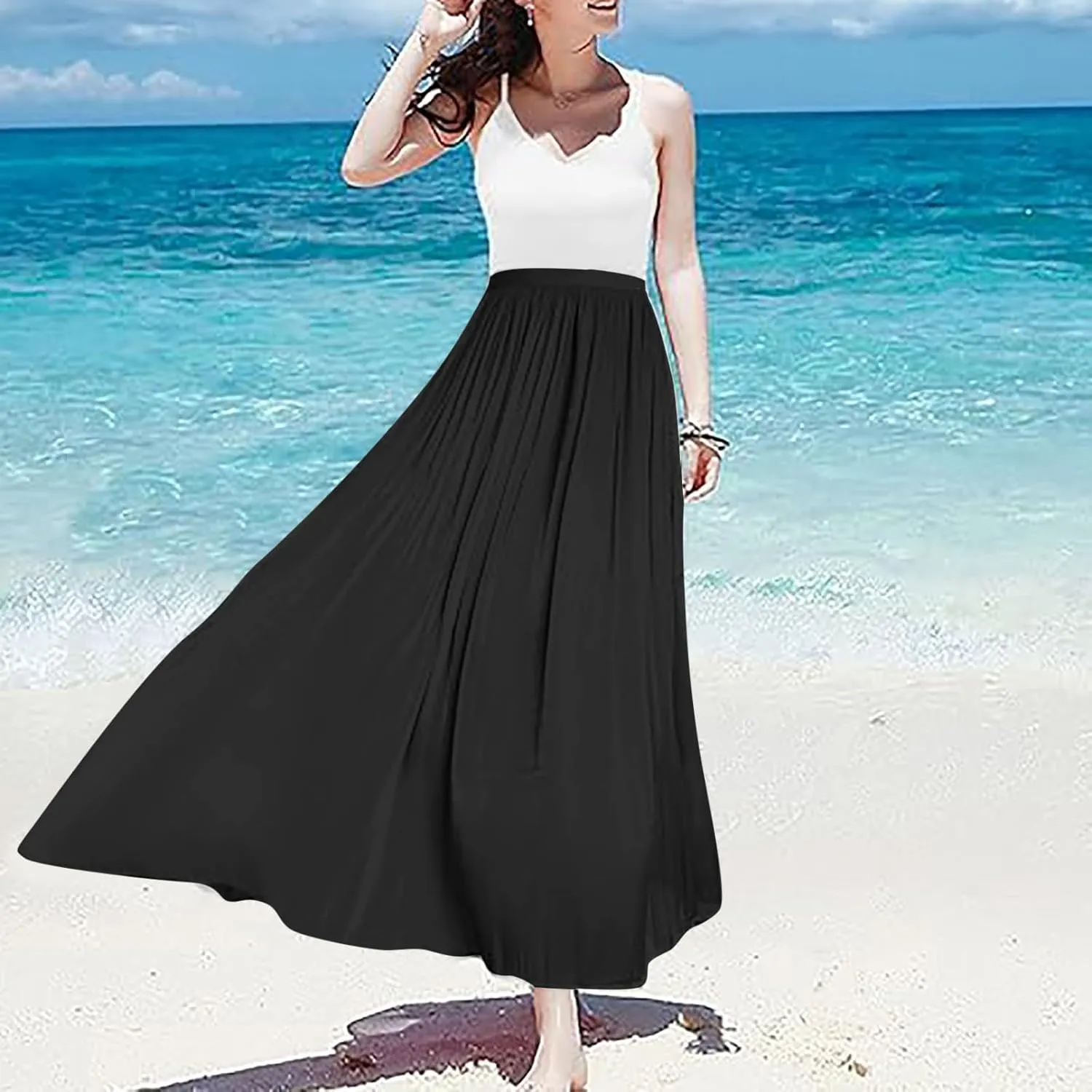 Flowy Midi Skirts for Women 2025 Summer Lightweight Elastic Waisted Swing A-Line Pleated Skirt