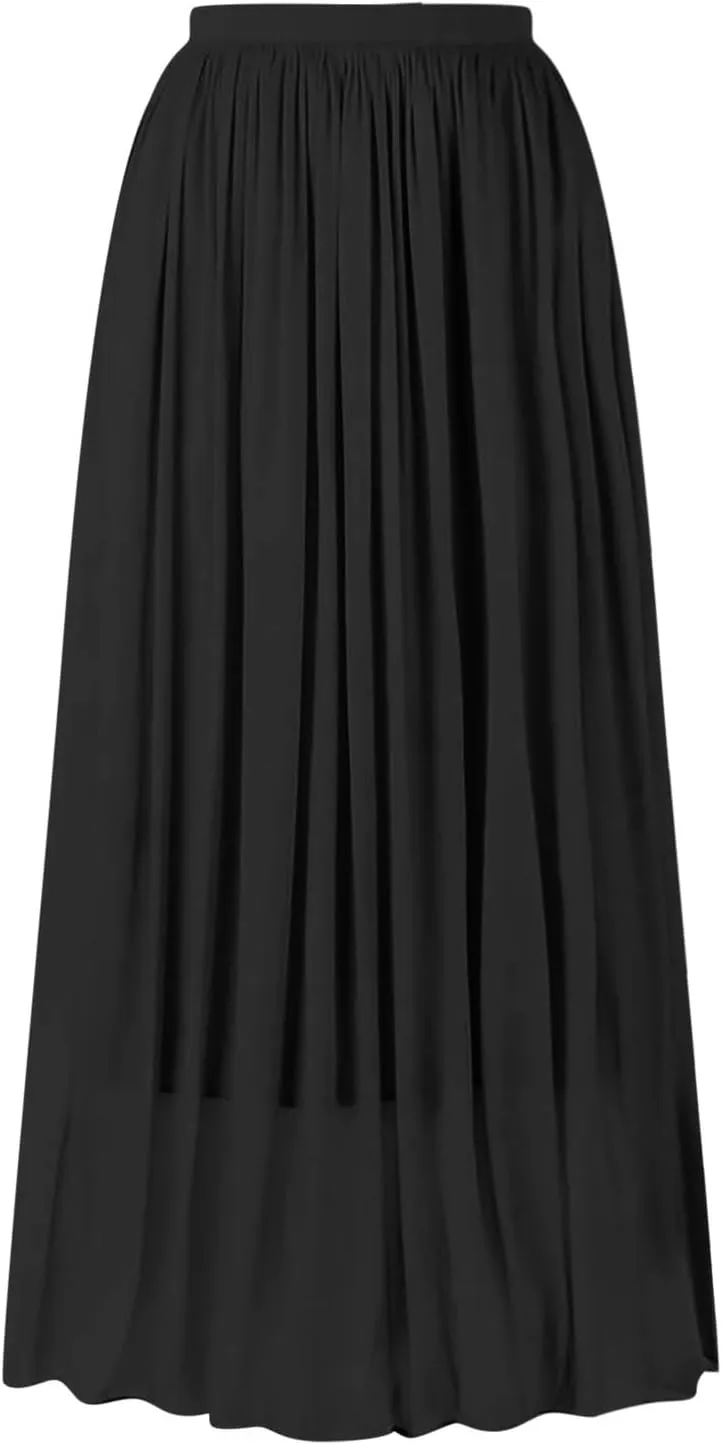 Flowy Midi Skirts for Women 2025 Summer Lightweight Elastic Waisted Swing A-Line Pleated Skirt