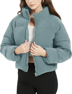 Flygo Womens Cropped Corduroy Puffer Jacket Winter Jackets Warm Long Sleeve Zip Quilted Down Puffer Coat