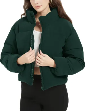 Flygo Womens Cropped Corduroy Puffer Jacket Winter Jackets Warm Long Sleeve Zip Quilted Down Puffer Coat