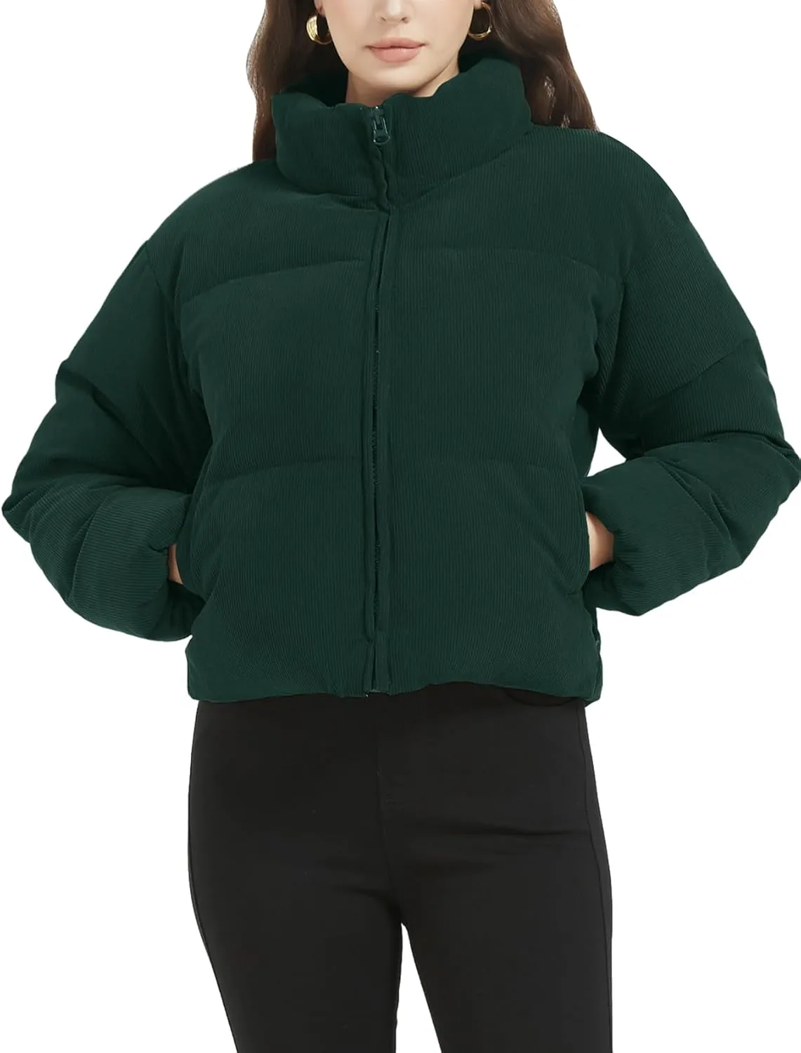 Flygo Womens Cropped Corduroy Puffer Jacket Winter Jackets Warm Long Sleeve Zip Quilted Down Puffer Coat