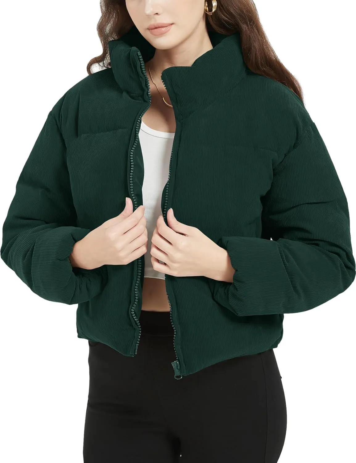 Flygo Womens Cropped Corduroy Puffer Jacket Winter Jackets Warm Long Sleeve Zip Quilted Down Puffer Coat