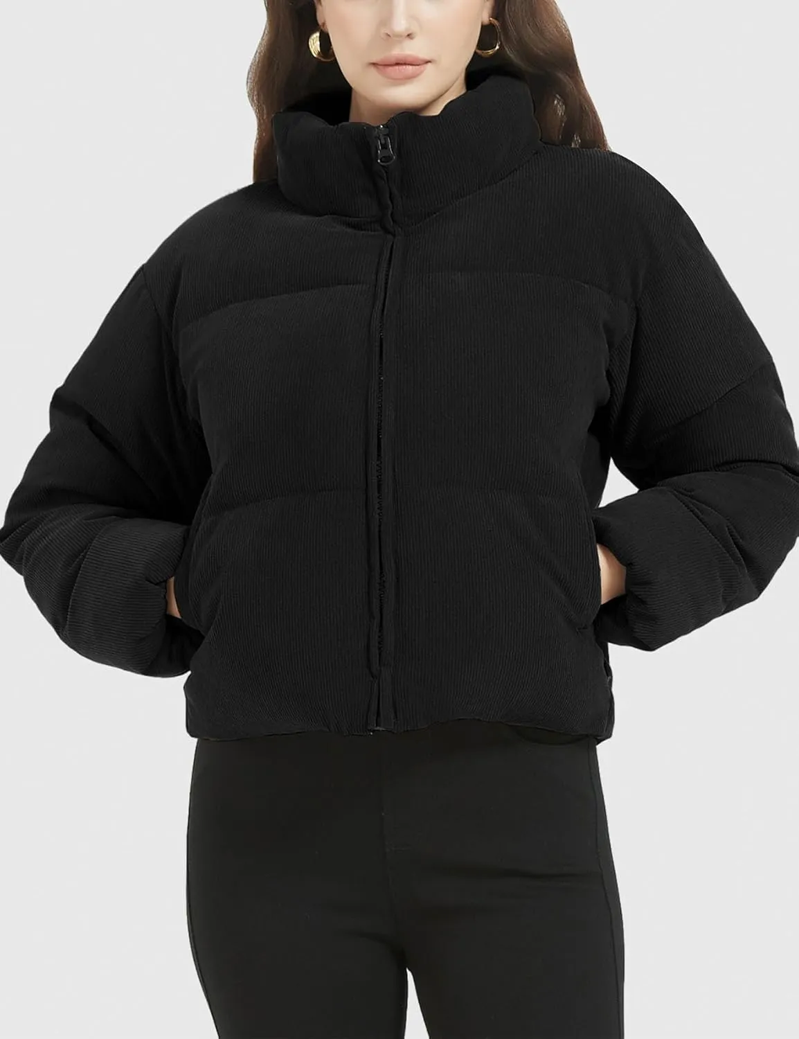 Flygo Womens Cropped Corduroy Puffer Jacket Winter Jackets Warm Long Sleeve Zip Quilted Down Puffer Coat