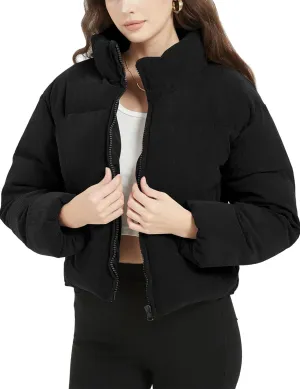 Flygo Womens Cropped Corduroy Puffer Jacket Winter Jackets Warm Long Sleeve Zip Quilted Down Puffer Coat