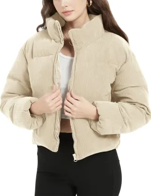 Flygo Womens Cropped Corduroy Puffer Jacket Winter Jackets Warm Long Sleeve Zip Quilted Down Puffer Coat
